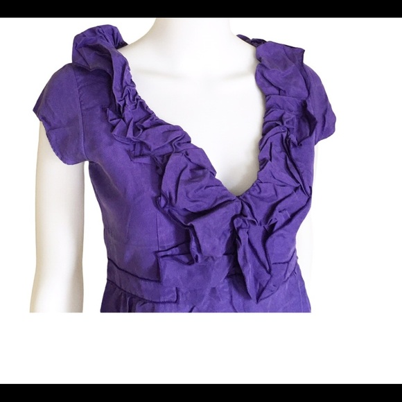 REBECCA TAYLOR V Cut Cocktail Dress With Ruffle Detail & Cap Sleeves Purple Sz 2 - Picture 3 of 12